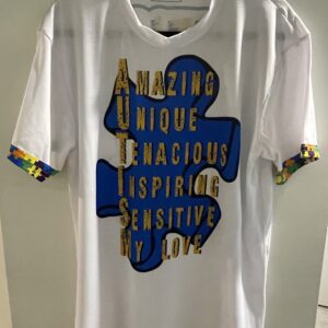 White with blue puzzle piece T-shirt